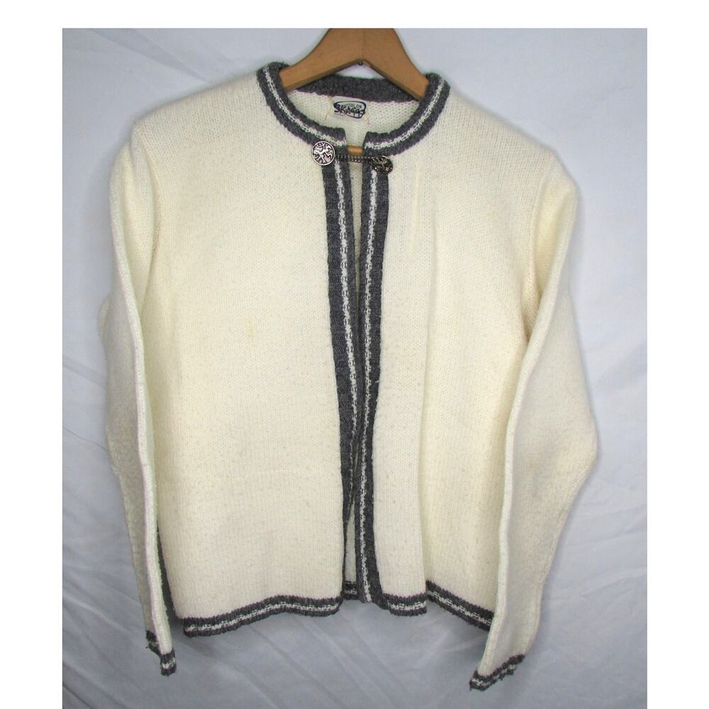 Nordic Knit Cardigan Sweater Full Zip Silver Tone Gargoyle Buttons Sz M Vintage